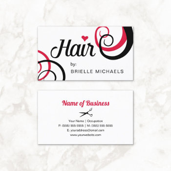 Red And Black Hair Trendy Typography Modern Curls Business Card by GirlyBusinessCards at Zazzle