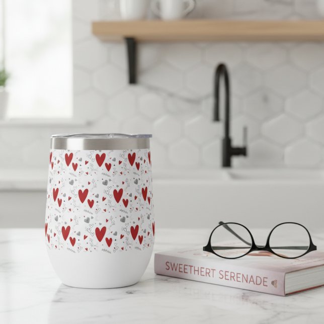 Red and Black Hand Drawn Doodle Hearts Thermal Wine Tumbler (red black hearts doodles hand drawn wine tumbler for her women teens)