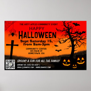 red and black happy Halloween Banner qr code Poster