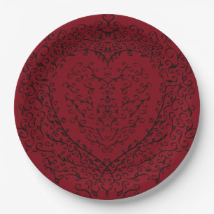 Red and Black Heart Gothic Wedding Paper Plates