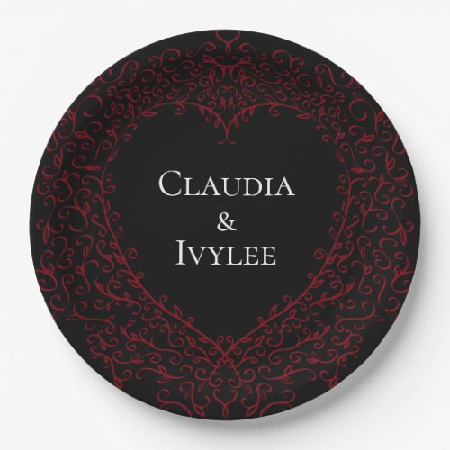 Red and Black Heart Gothic Wedding Paper Plates