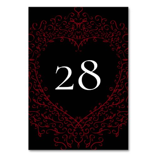 Red and Black Heart Gothic Wedding Table Number