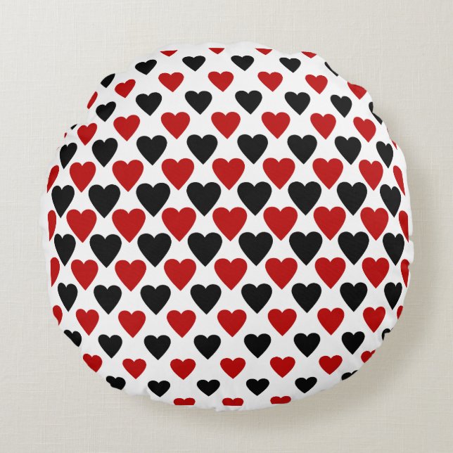 Red and Black Heart Mosaic Round Accent Pillow (Front)