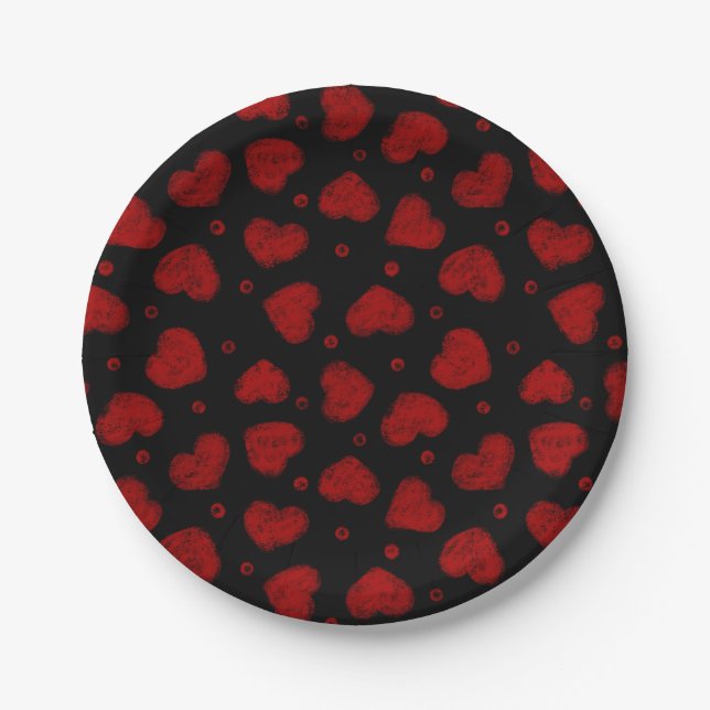 Red and Black Hearts pattern Paper Plates (Front)