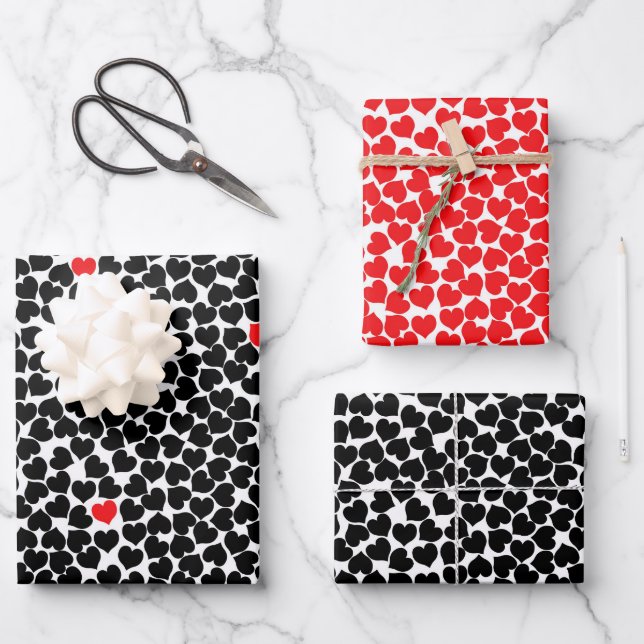 Red and Black Hearts Wrapping Paper Sheets (Front)