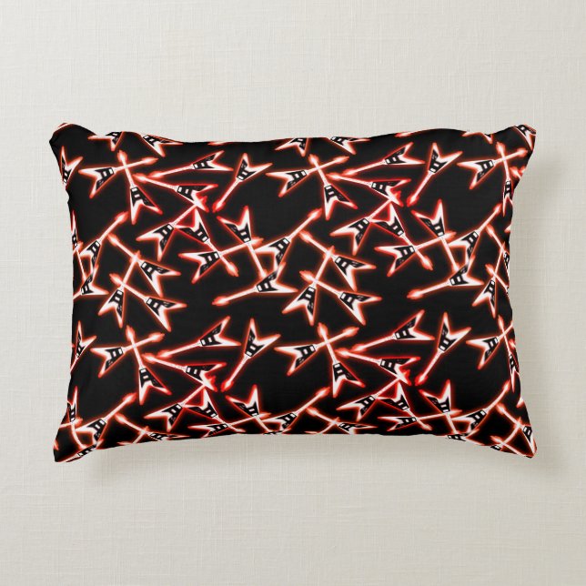 Red and Black Heavy Metal Electric Guitar Pattern Accent Pillow (Front)