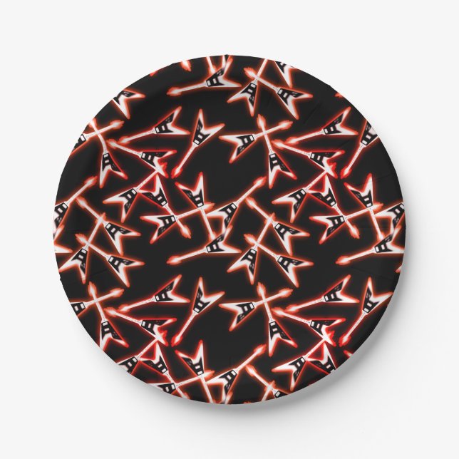 Red and Black Heavy Metal Electric Guitar Pattern Paper Plates (Front)