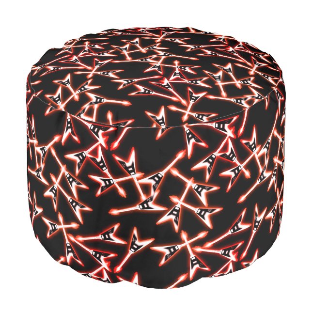 Red and Black Heavy Metal Electric Guitar Pattern Pouf (Angled Front)