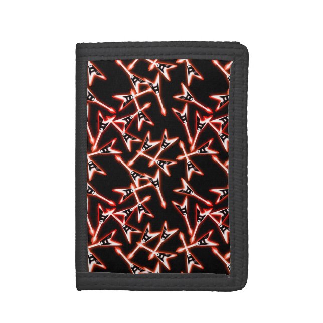 Red and Black Heavy Metal Electric Guitar Pattern Trifold Wallet (Front Vertical)