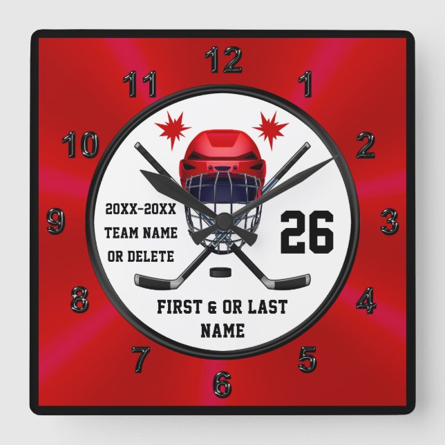 Red and Black, Hockey Clock, Hockey Wall Decor Square Wall Clock (Front)