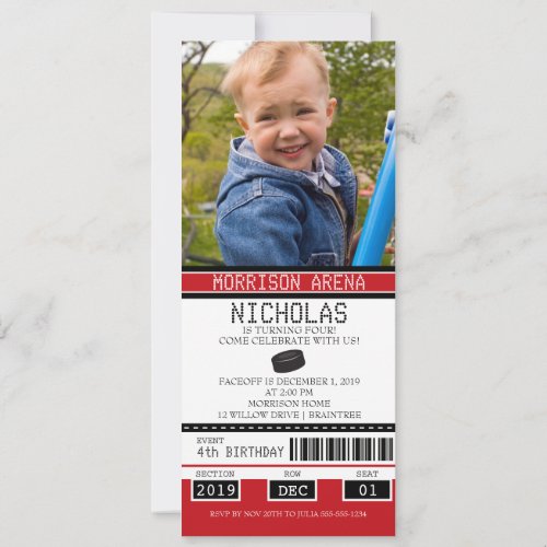 Red and Black Hockey Ticket Birthday Invitation