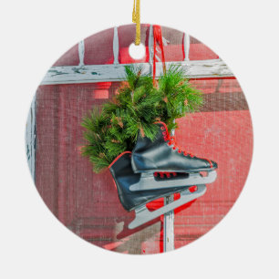 Red and Black Ice Skates on a Door Ceramic Ornament