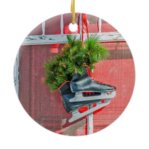 Red and Black Ice Skates on a Door Ceramic Ornament