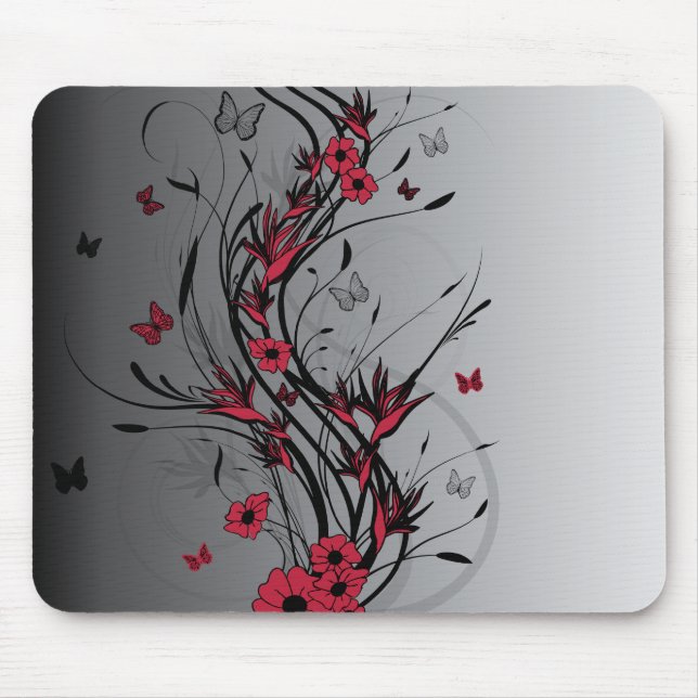Red and Black Illustrated Floral Mousepad (Front)
