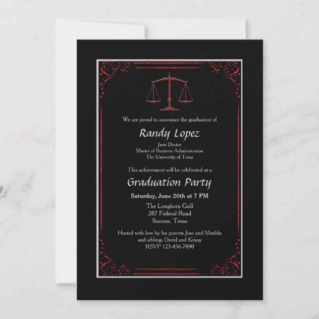 Red and Black Justice Scale Invitation (Front)