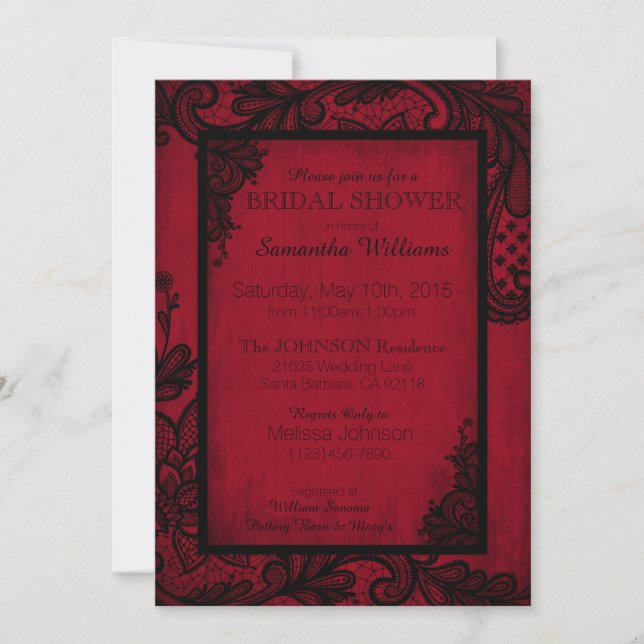 Red and Black Lace Gothic Bridal Shower Invitation (Front)