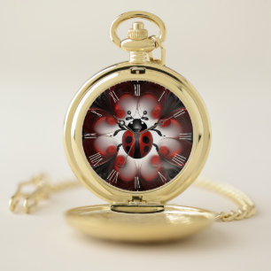 Red And Black Ladybug Fractal Art Design, Pocket Watch