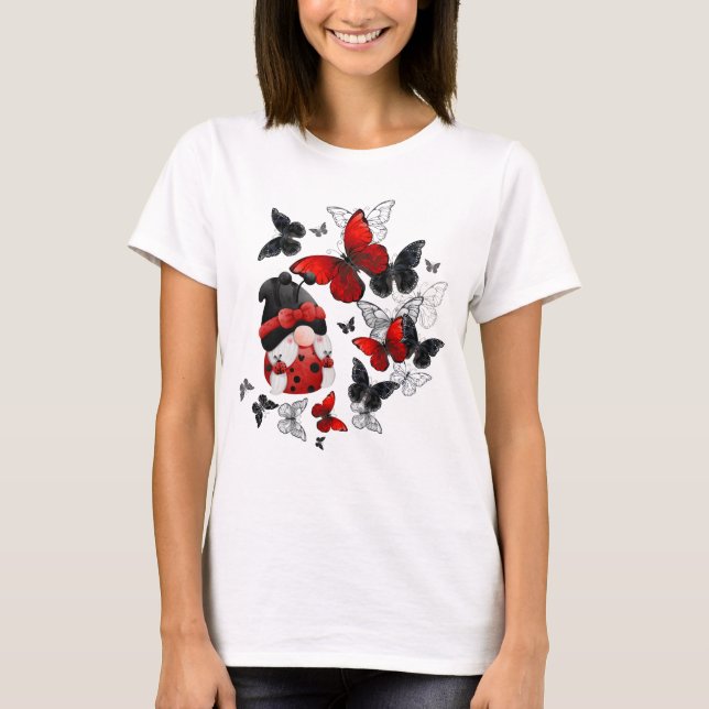 Red and Black Ladybug Gnome with Butterflies T-Shirt (Front)