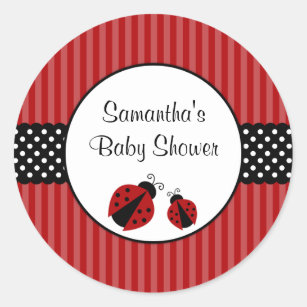 Red and Black Ladybug Striped Dots Baby Shower Classic Round Sticker