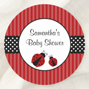 Red and Black Ladybug Striped Dots Baby Shower Classic Round Sticker