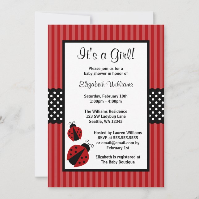 Red and Black Ladybug Striped Dots Baby Shower Invitation (Front)
