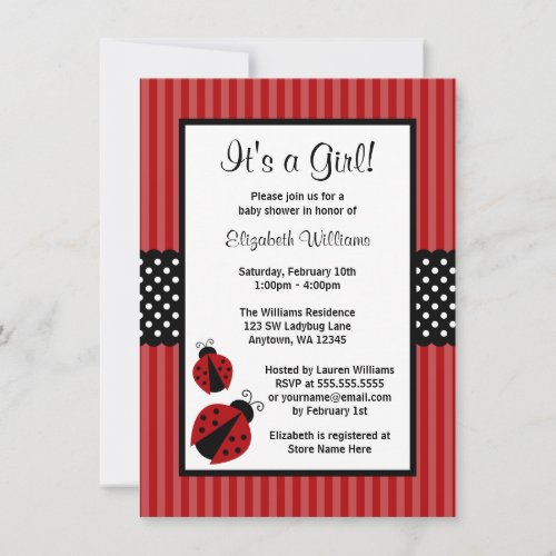 Red and Black Ladybug Striped Dots Baby Shower Invitation