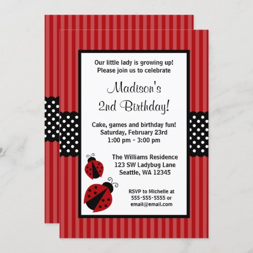 Red and Black Ladybug Striped Dots Birthday Party Invitation