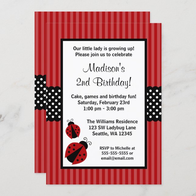 Red and Black Ladybug Striped Dots Birthday Party Invitation (Front/Back)