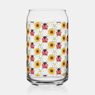 Red And Black Ladybug With Flowers Can Glass