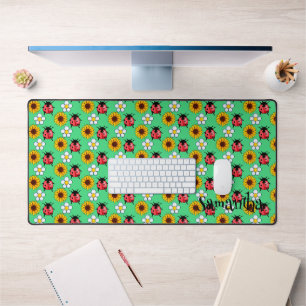 Red And Black Ladybug With Flowers Desk Mat