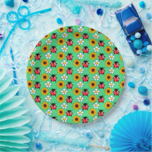Red And Black Ladybug With Flowers Paper Plates