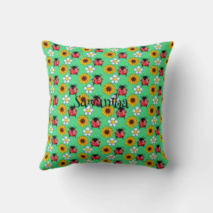 Red And Black Ladybug With Flowers Throw Pillow