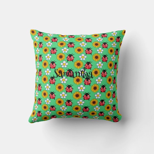 Red And Black Ladybug With Flowers  Throw Pillow (Back)