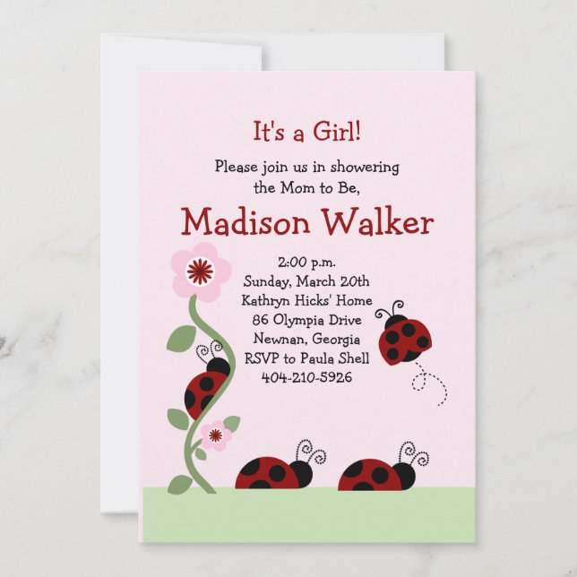 Red and Black Ladybugs on Flower Vine Shower Invit Invitation (Front)