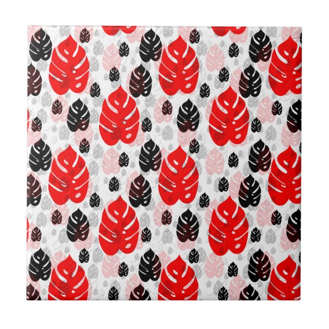 Red and Black Leaf Abstract Shapes Ceramic Tile (Front)