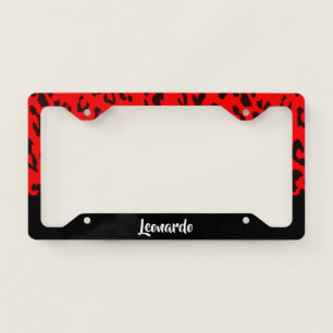 Red and black leopard print license plate frame