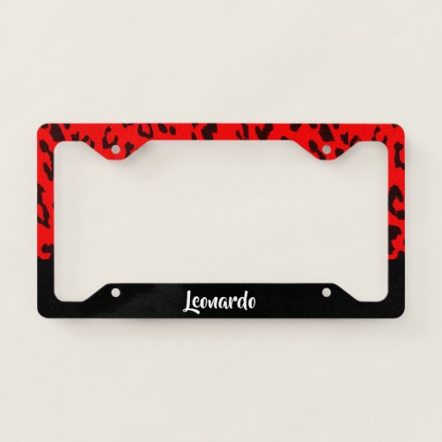 Red and black leopard print license plate frame