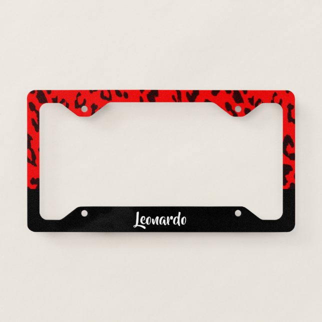 Red and black leopard print license plate frame (Front)