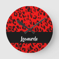 Red and black leopard print round clock