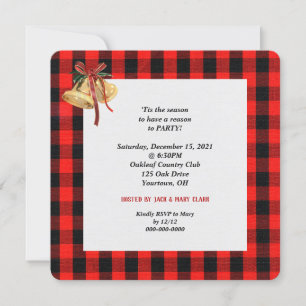 red and black lumberjack plaid with bells party invitation