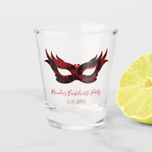 Red and Black Masquerade mask bachelorette party Shot Glass