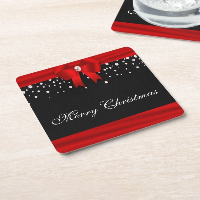 Red and Black Merry Christmas Square Paper Coaster (Angled)
