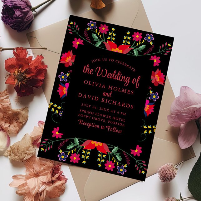Red and Black Mexican Floral Fiesta Wedding Invite (Red and Black Mexican Floral Fiesta Wedding Invite on a table with colorful flowers.)