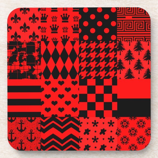 Red and Black Mixed Patterns Patchwork Design  Beverage Coaster (Front)