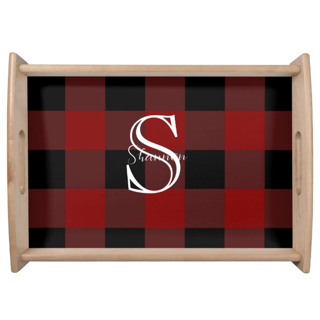 Red and black Monogram buffalo plaid Serving Tray (Front)
