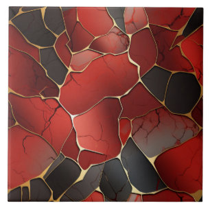 Red and Black Mosaic with Fine Gold Lines Ceramic Tile
