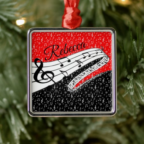Red and black music theme personalized metal ornament
