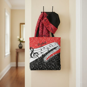 Red and black music theme personalized tote bag