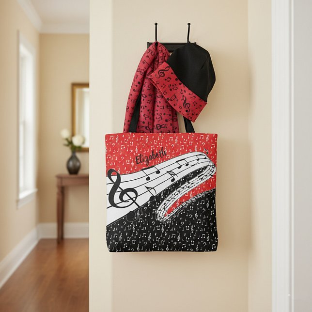 Red and black music theme personalized tote bag (Creator Uploaded)