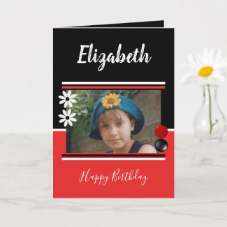 Red and black name and photo Happy Birthday Card